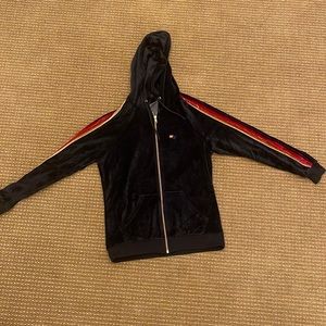 AVIATOR NATION VELVET HOODED SWEATSHIRT- Black w multi colored stripes